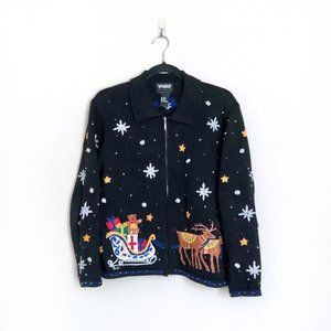 Vintage Festive Black Zip Up Christmas Sweater size M